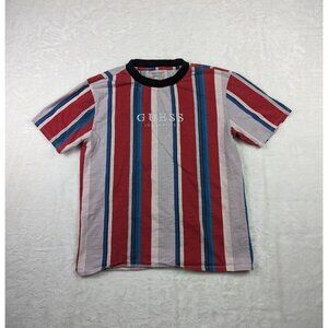Vintage Guess Shirt Mens Red Blue Multi Striped T Shirt Spell Out Size S